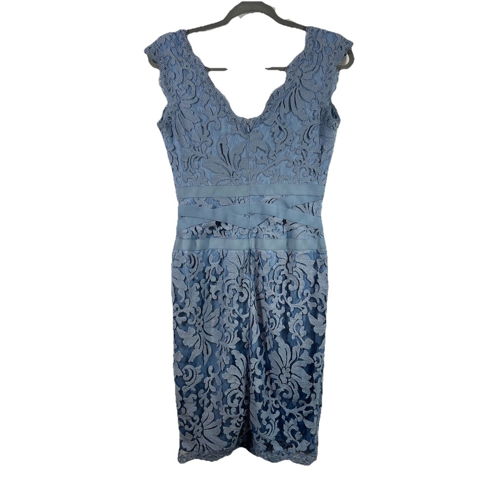 Tadashi Shoji Size 2 Lace Sheath Dress Periwinkle Blue V-Neck Ribbon Waist Party - Picture 7 of 15